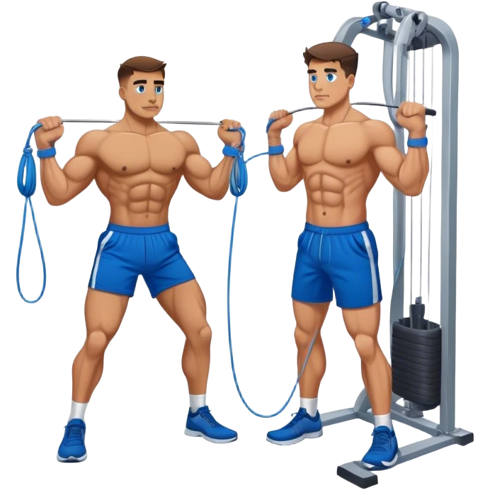 buff man with blue shorts using cable face-pull machine emoji