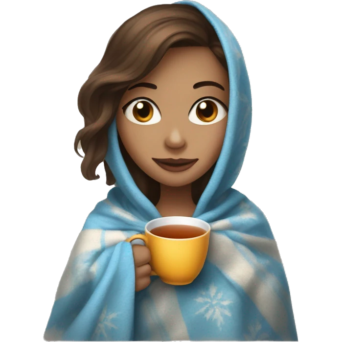 Girl with brown hair, light skin and blue eyes drink a hot tea with a blanket emoji
