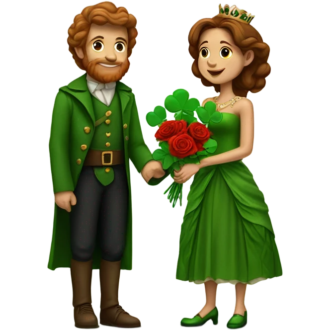 A little leprechaun giving red roses and clovers to a much taller brown haired queen emoji