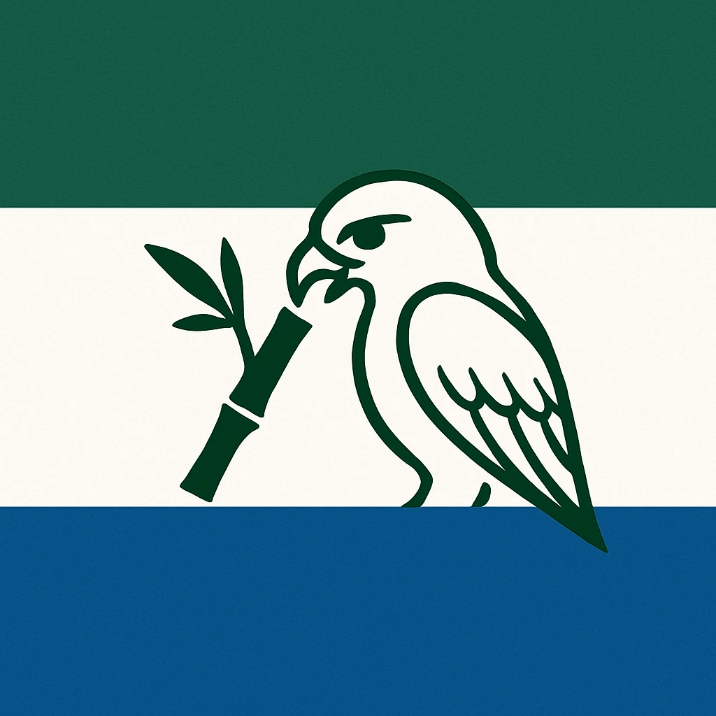 modern flag with green, white, and blue stripes, and a simple icon of a falcon eating bamboo in the middle emoji