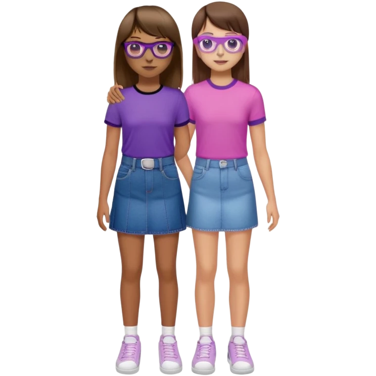 Chica blanca de pelo castaño con un flequillo unas unas gafas transparentes negras y rosadas con una blusa morada y una falda de mezclilla con tenis blancos dando la mano a chico blanco de pelo castaño con una camisa morada y un pantalón de mezclilla y unos tenis blancos  emoji