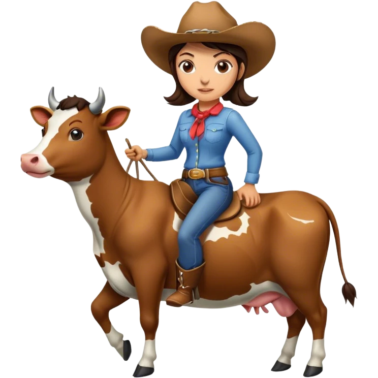 Brunette cowgirl riding a cow emoji