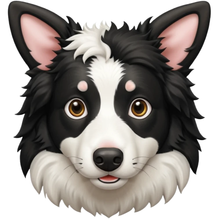 A black and white border collie has cow's horns. emoji
