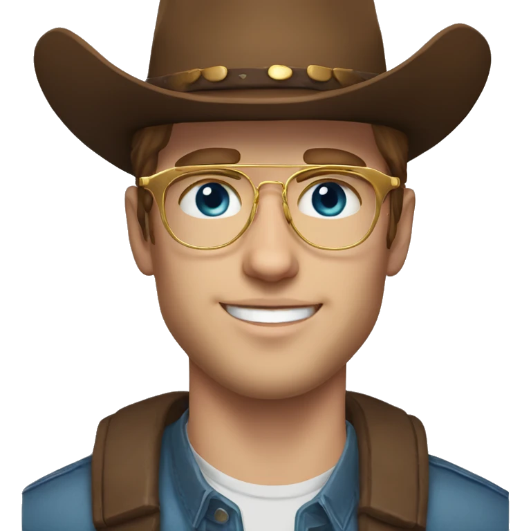 Realistic white man with golden glasses, blue eyes, and brown hair,20 years old, no bear, with a cowboy hat emoji