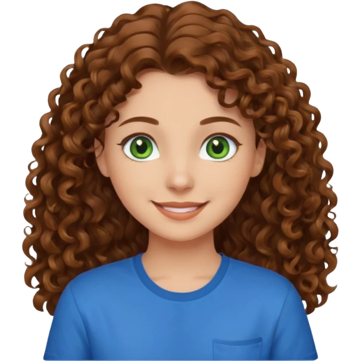 girl with brown hair, green eyes with a blue shirt no background ,young with curly hair smileing long hair emoji