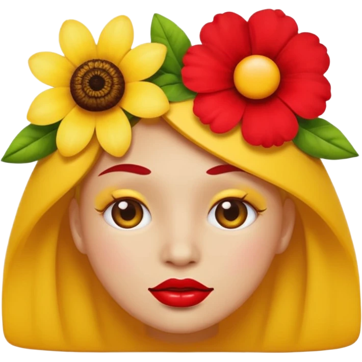 Create an yellow circle face emoji that lips are big, red, shiney and have flower on her head emoji
