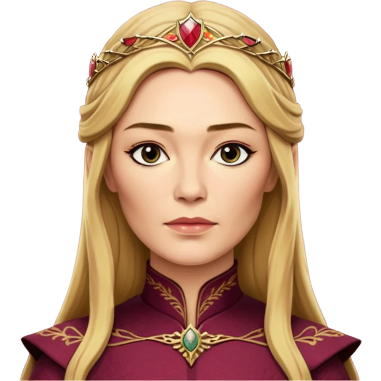 Cinematic Realistic Cersei Lannister Portrait, depicted with lifelike skin texture, subtle rosy undertones, and soft natural lighting that enhances the gentle contours of her face. Her intricately detailed golden blonde hair is elegantly styled , emoji