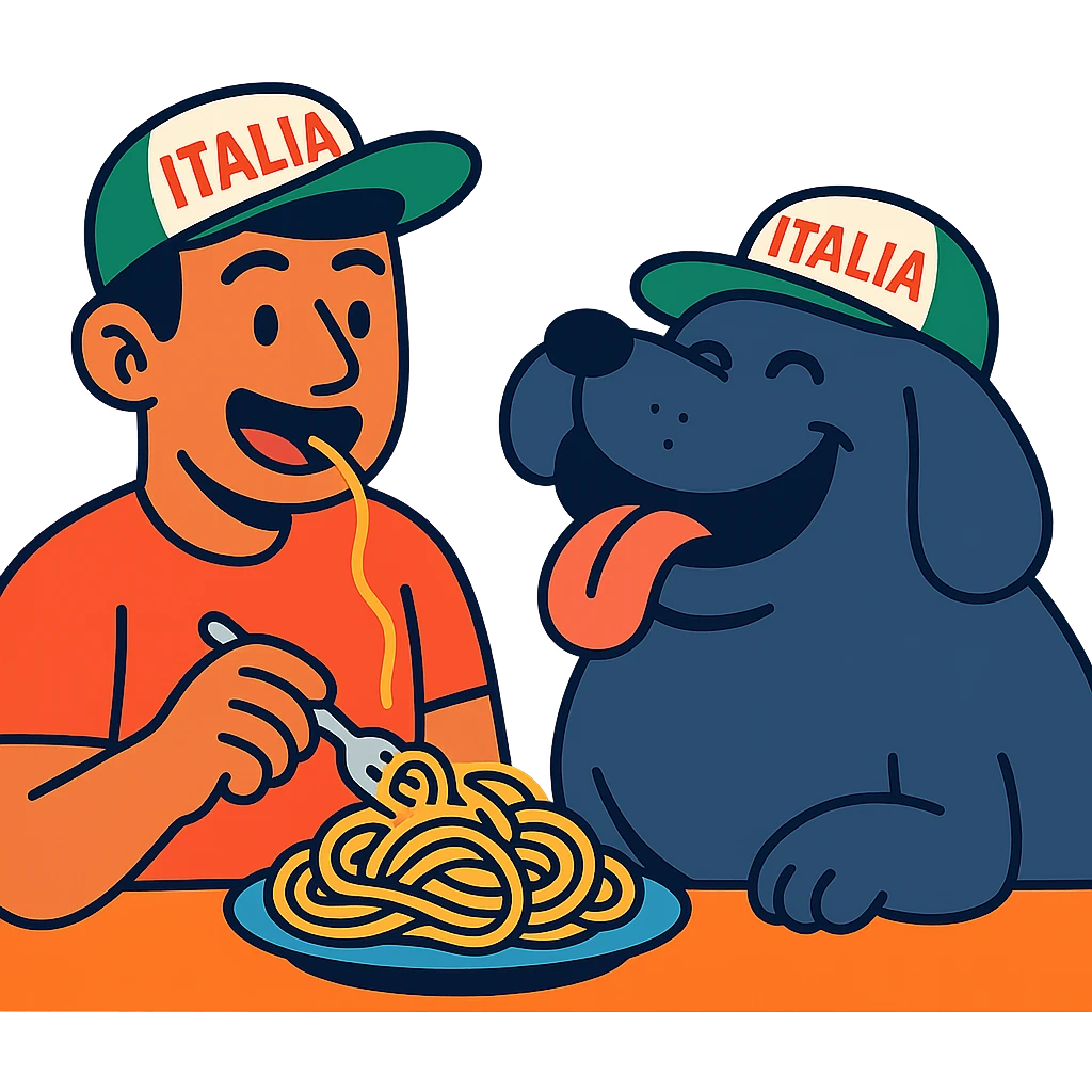 vibrant toon style guy in Italy eating pasta with a huge, happy, fat whale of a dog wearing an Italy hat emoji