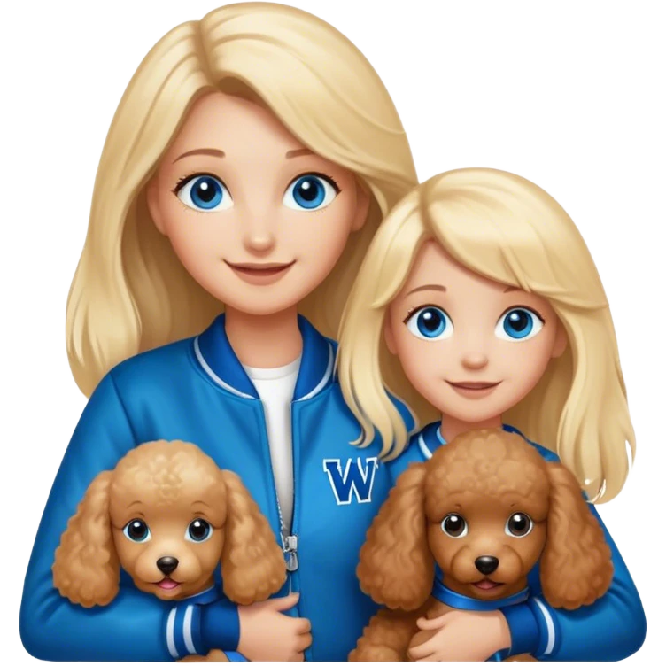 smiling mother in letterman jacket with W and Blue eyes, two Little girls Long blond straight hair and Blue eyes, poodle puppie brown emoji