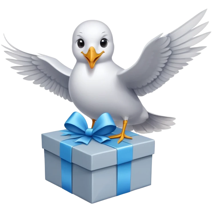 A seagull holds a gift box with its wings emoji
