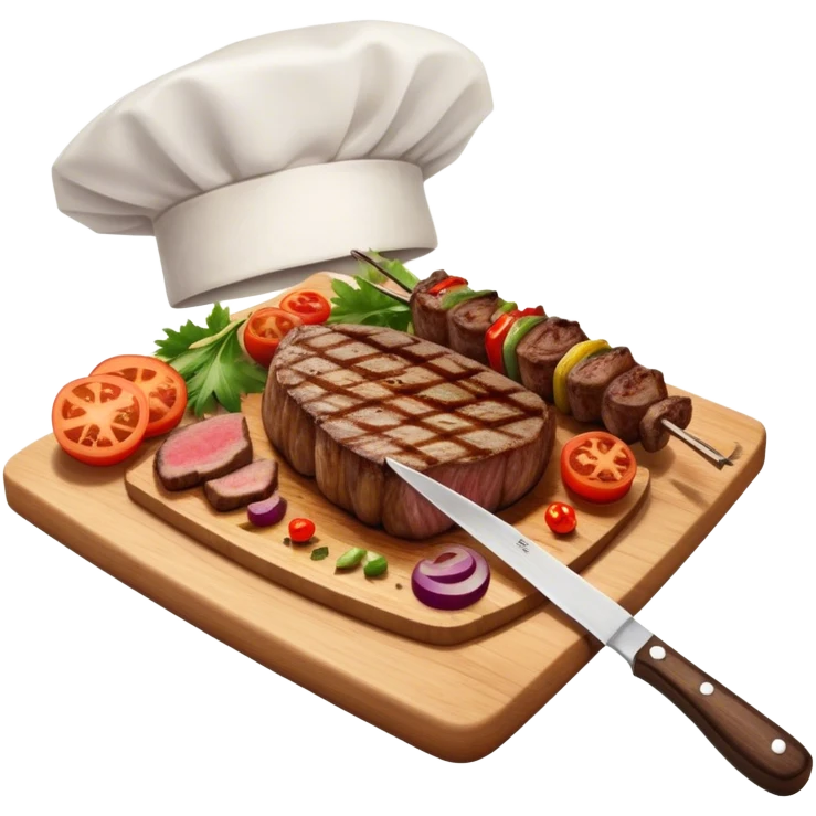 icon featuring a chef’s hat, a cutting board with fresh ingredients, a knife, a beautifully cooked ribeye steak, shashlik skewers, and a plate of food in the making. The design captures the passion of cooking with warm, inviting colors, and realistic textures. Transparent background. emoji