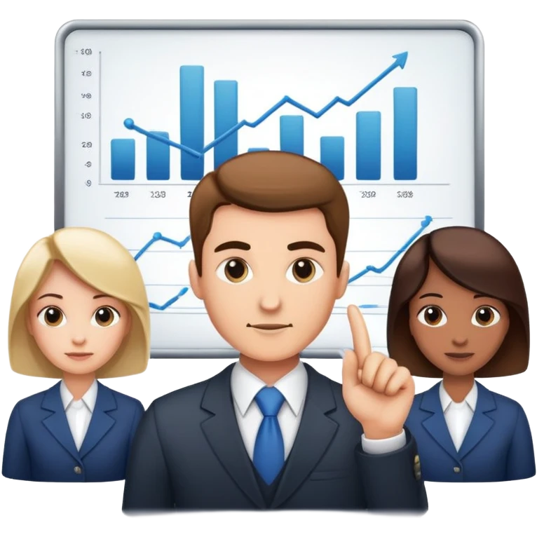 Professional leader with chart showing growth, presenting to team emoji