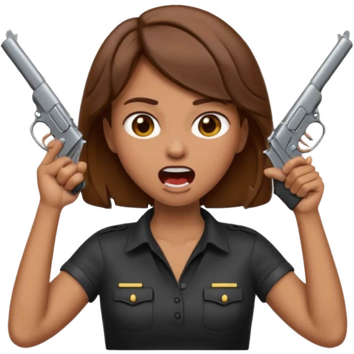 the woman emoji with brown hair and tan skin choking herself  with both hands around her neck with her mouth open and two arms from behind her holding a gun in each hand point directly at her head emoji