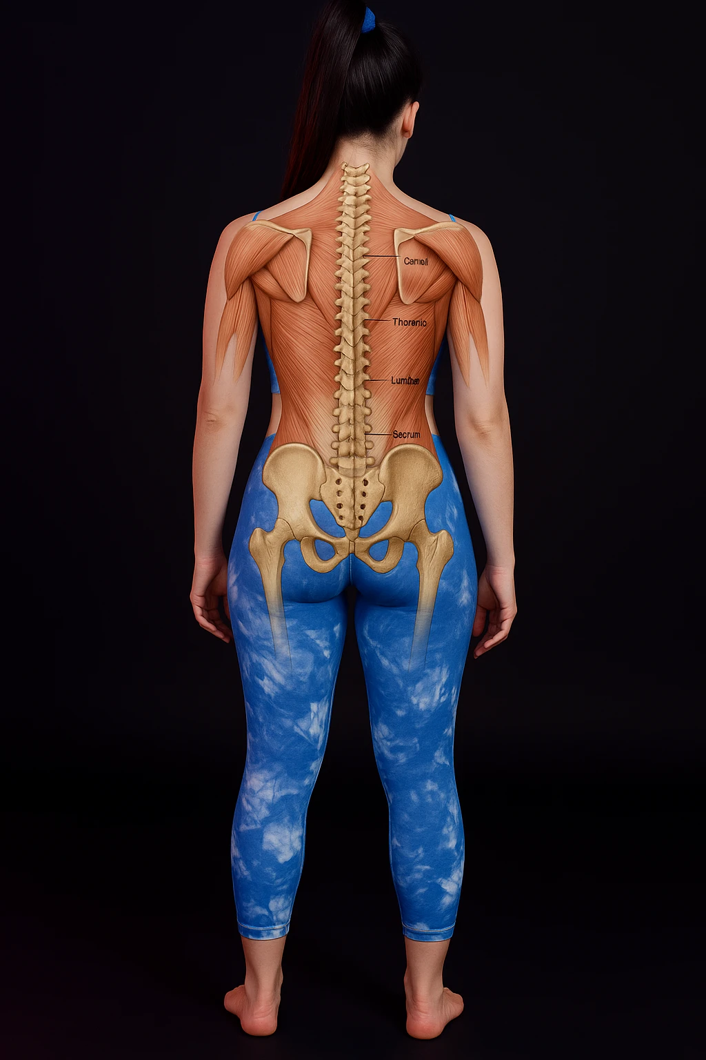 A woman with back pain, add an anatomically highlighted back on the body, variant 5, in a style suitable for editing and anatomical clarity. emoji