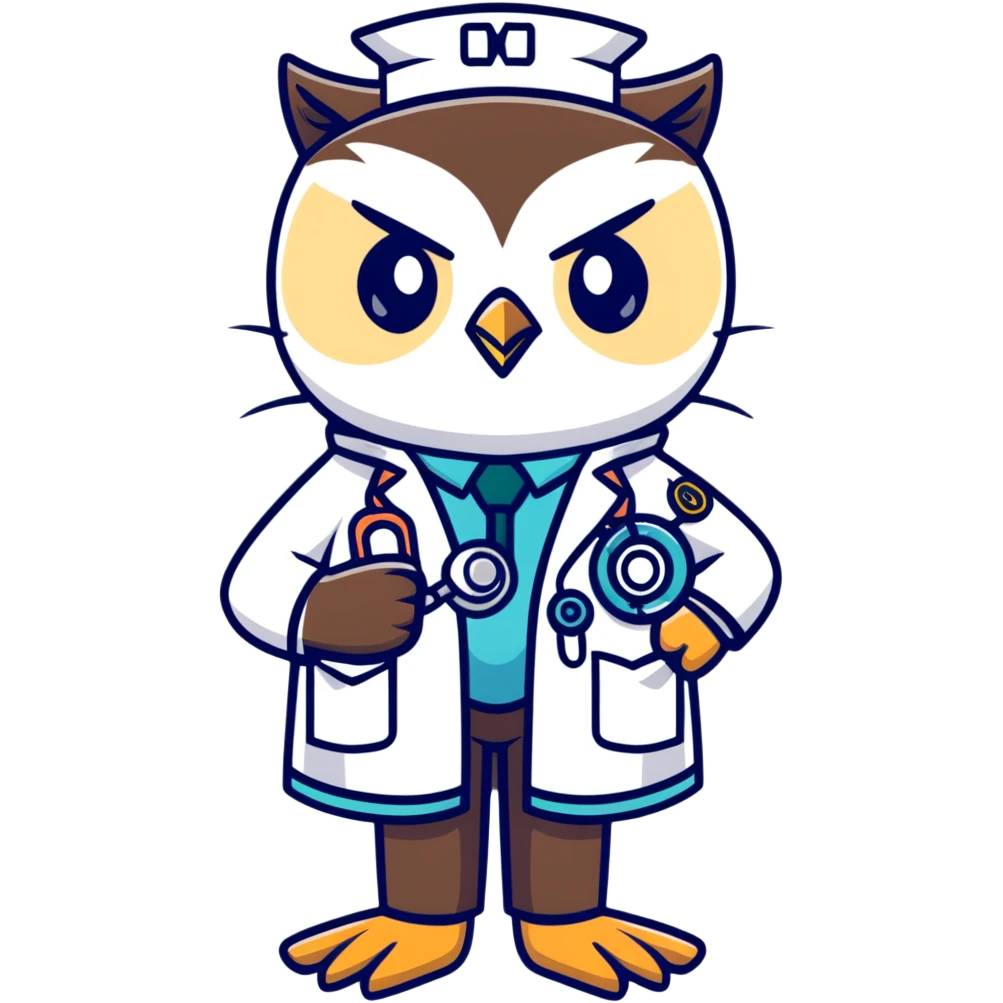 Twilio owl wearing doctor outfit with stethoscope and white coat emoji