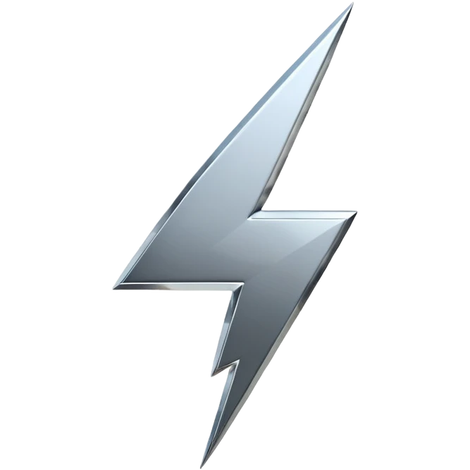 A lightning bolt emoji made of polished silver chrome, sharp yet rounded edges, glossy metallic surface, soft reflections, minimal futuristic design, iOS emoji style, centered, clean white background emoji