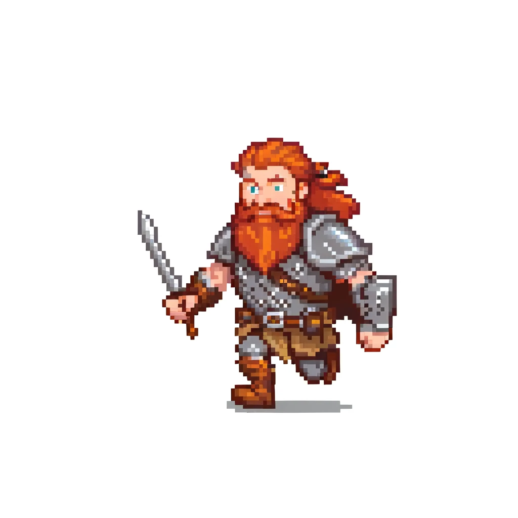 pixel art ginger viking with red beard and armor, running animation frame 2, mid-stride emoji