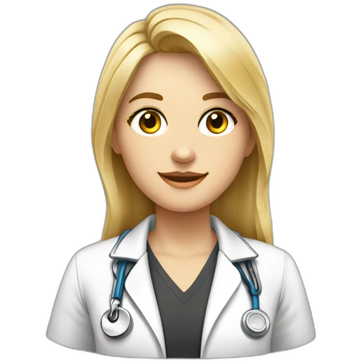 Crea un avatar de medio cuerpo de una joven nutricionista rubia oscura.  con grandes ojos grises, rostro delgado, cabello largo, comienza por ahí y perfecciona el resultado. emoji