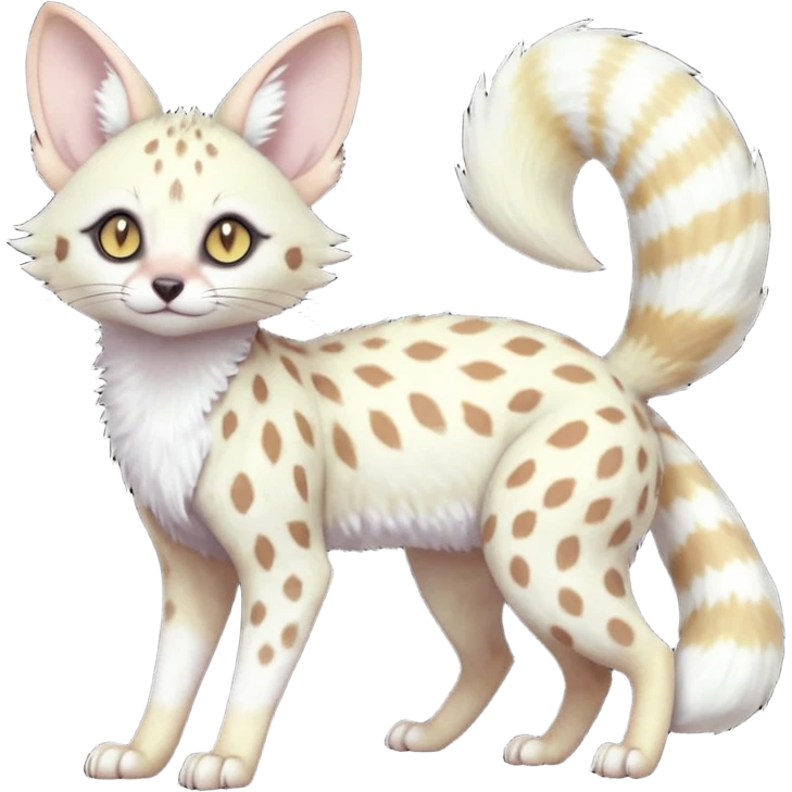 White Albino pastel light whitish grey-spotted Serval-Civet-Genet-Trico-Furret-Linoone-Noibat-Espeon-Fakémon-Pokémon-animal-hybrid-fusion-creature (full body) with vibrant glowing eyes, cute, elegant, soft, realistic, pastel fur emoji