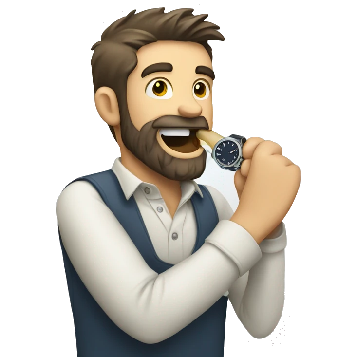 Bearded Caucasian man biting a watch  emoji