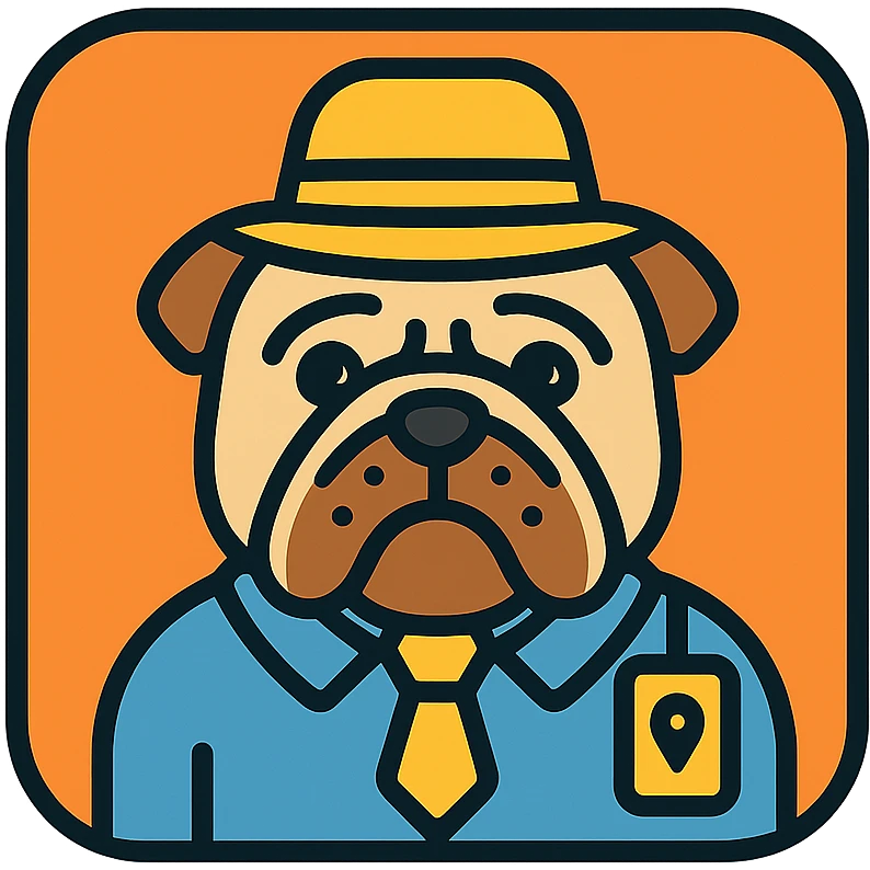 english bulldog tour guide as a web button icon wearing a hat, color outline style emoji
