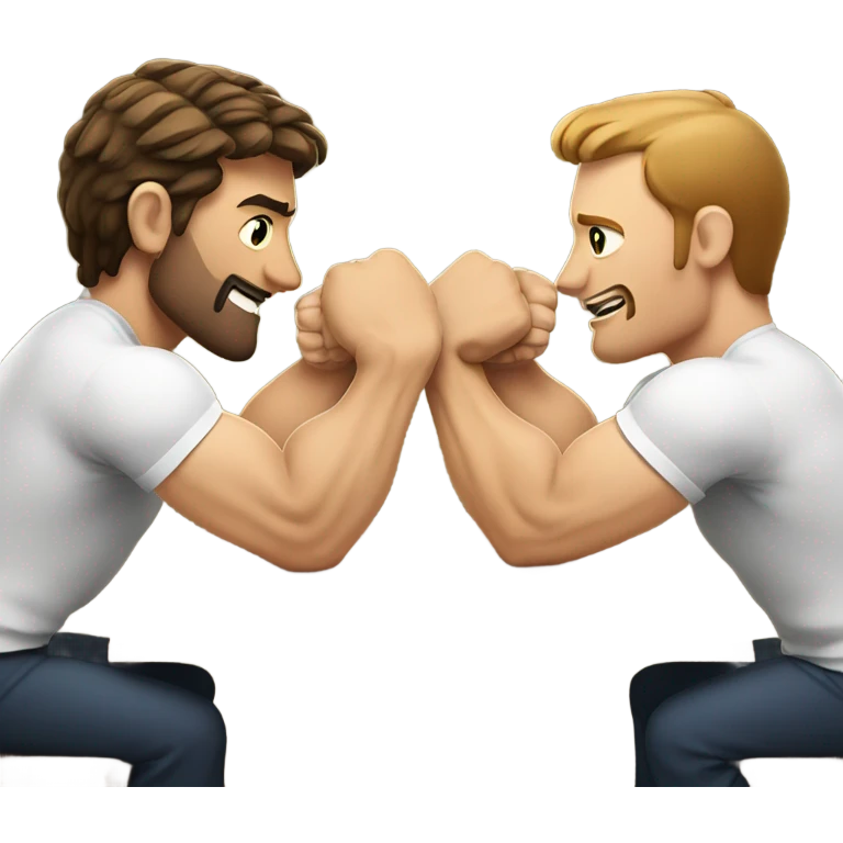 Two men armwrestling sit in front of a table. White men. Brown hair  emoji