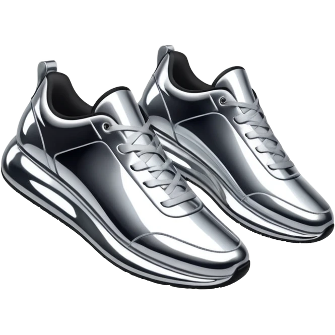 A pair of futuristic sneakers emoji made of silver chrome, sleek streetwear design, smooth metallic panels, subtle reflections, luxury swag aesthetic, iOS emoji style, centered, clean white background emoji
