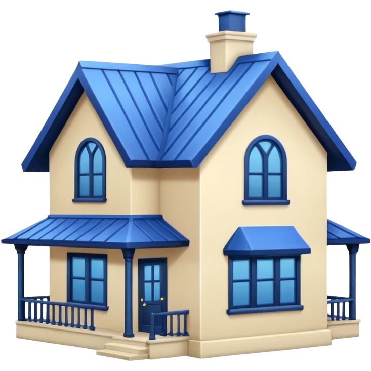 a creamy-colored house with dark blue trim and a blue roof emoji