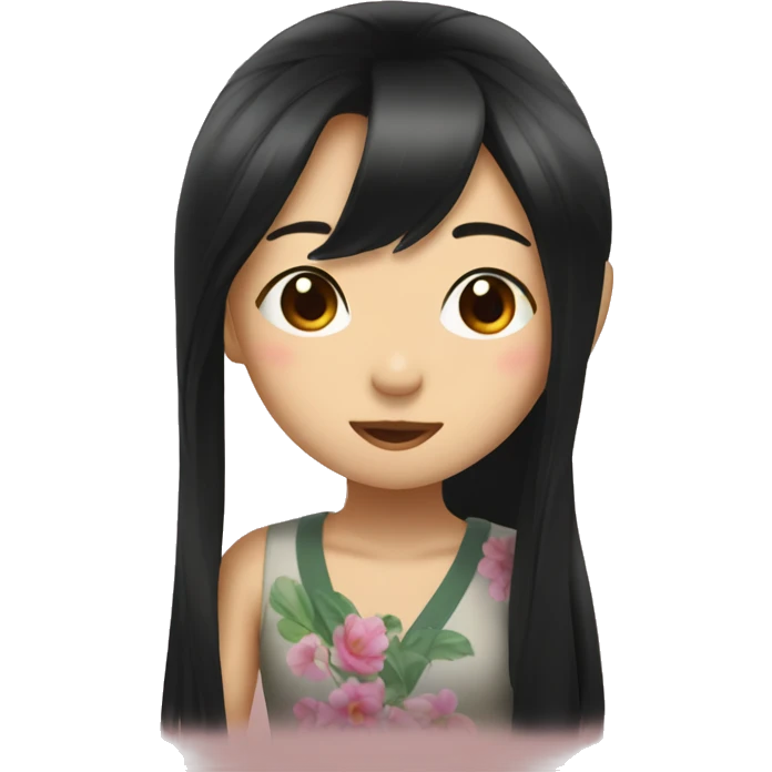 Asian girl long black hair wink kiss and peace sign emoji