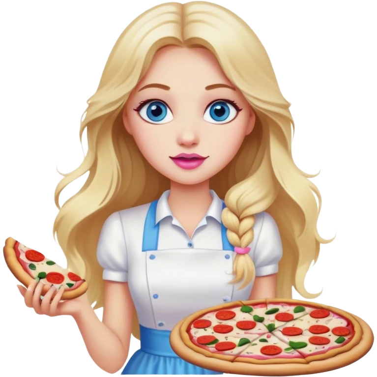 Cinematic realistic beautiful blonde with long hair, blue eyes and pink lips in a white dress cooks pizza emoji