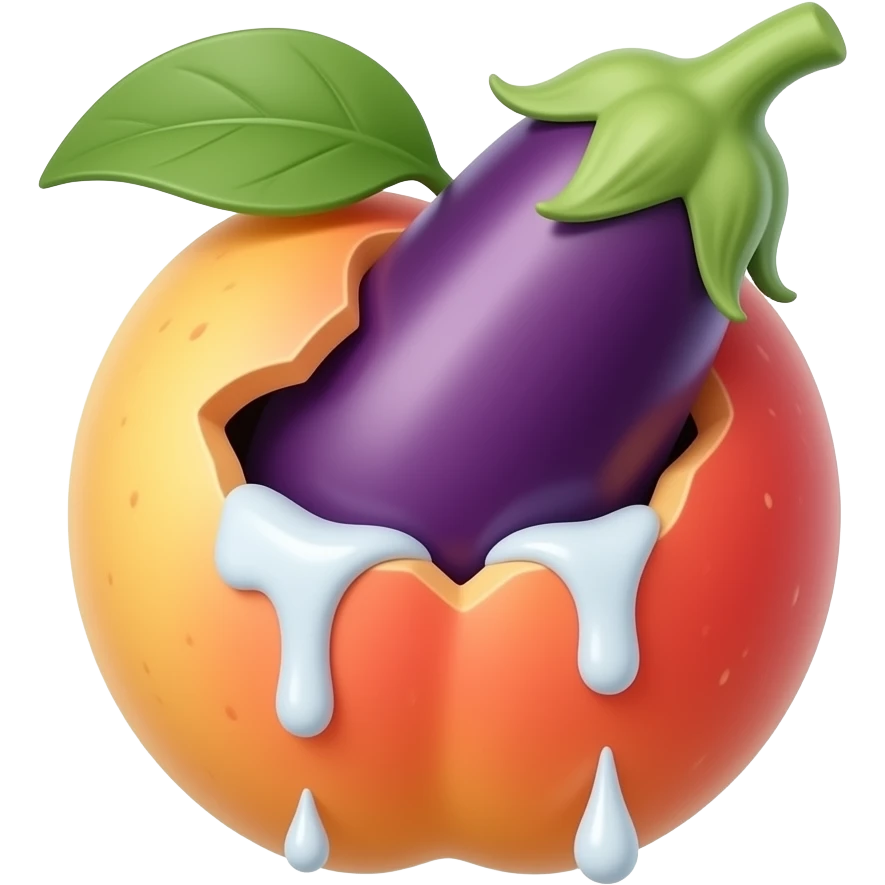 Eggplant going into peach hole with white stuff dripping out of the peach and the hole emoji