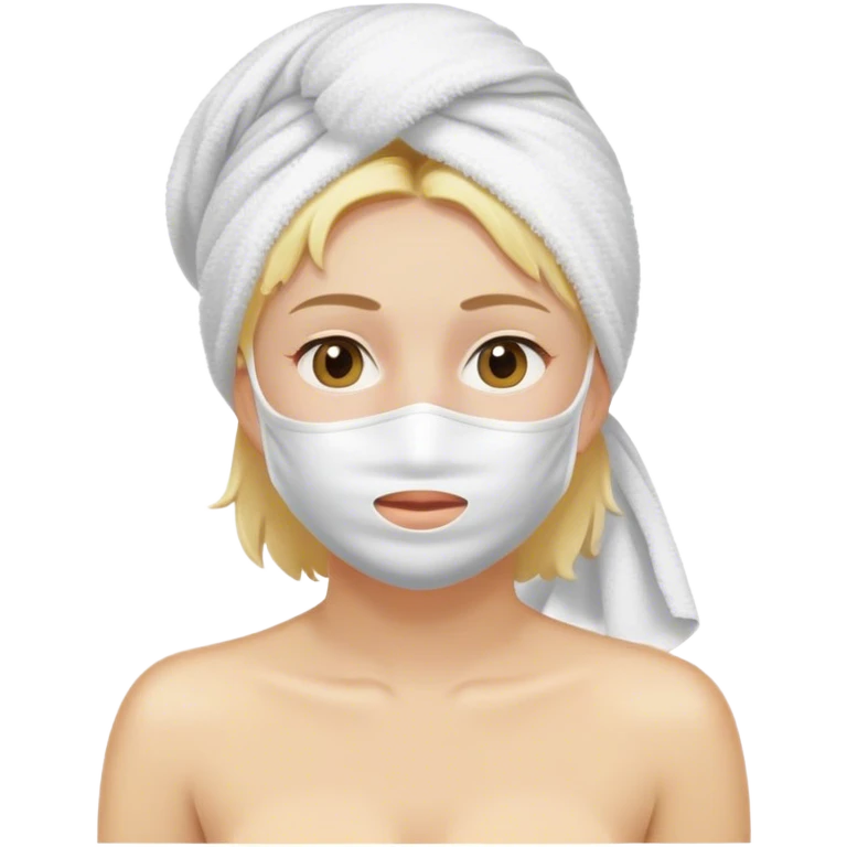 blonde with white towel on head after shower with white mask on head emoji
