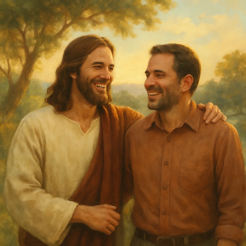 Jesus with a person, both smiling, in a peaceful outdoor scene, warm and friendly atmosphere emoji