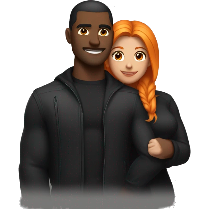 A muscular, well-shaped, slightly dark-skinned man with a black jacket on. and a woman with light black and orange hair hugging him. emoji