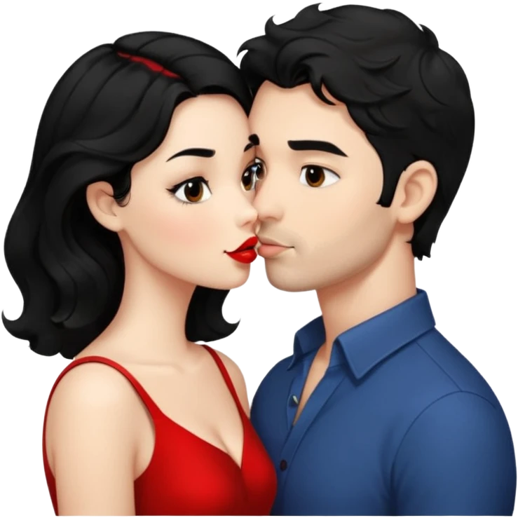 a handsome man with black short wavy hair tries to kiss a cute woman who has long black hair emoji