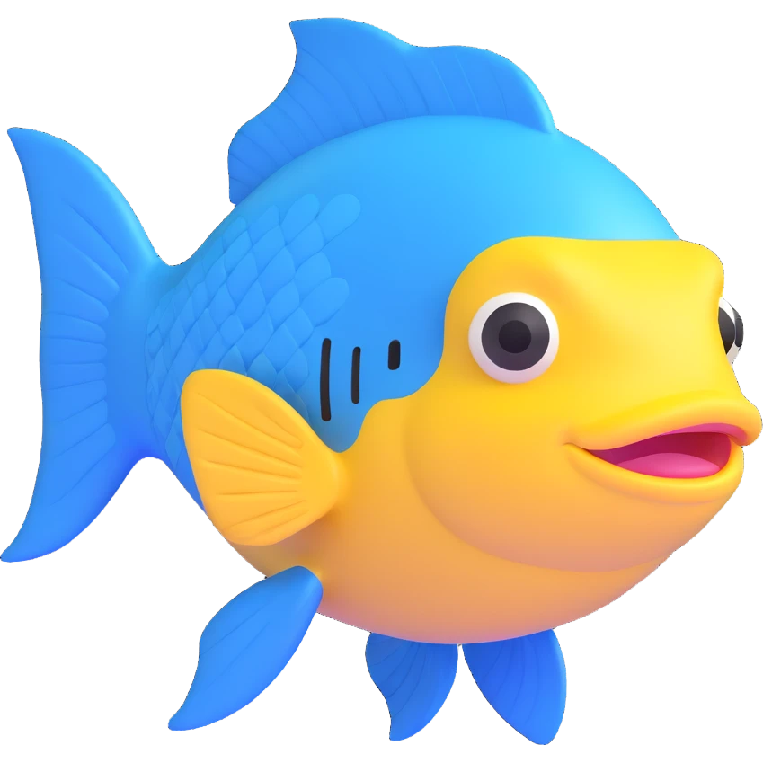 blue fish with visible scale texture, facing forward, cheerful and friendly expression, wearing a white cap with the Pescadería Buenos Aires logo perfectly centered emoji