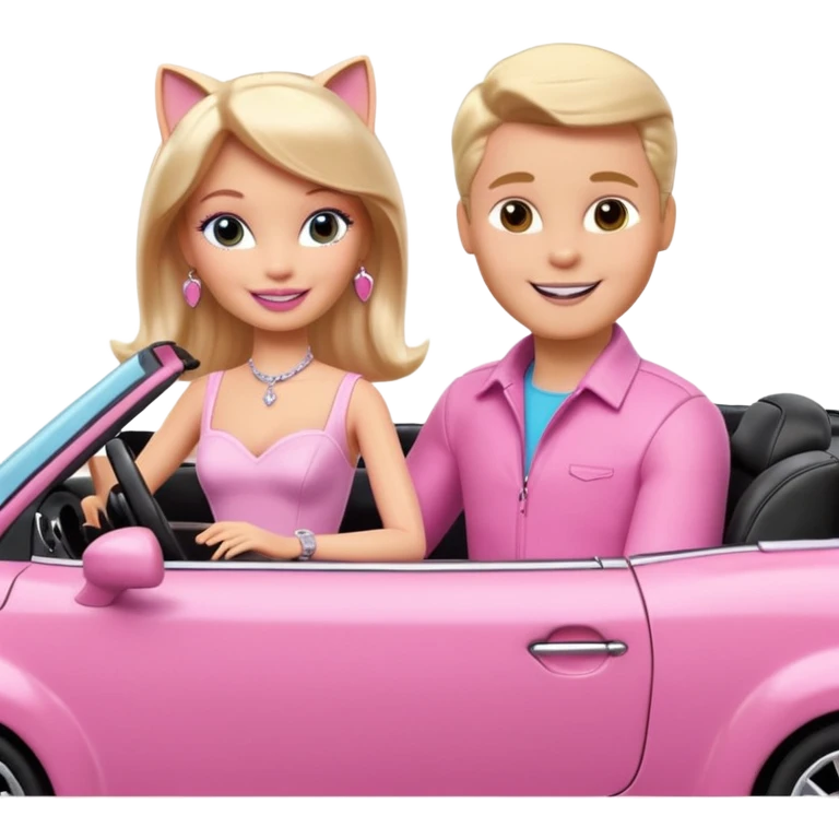 Barbie and Ken as cats sitting in a pink convertible car smiling emoji