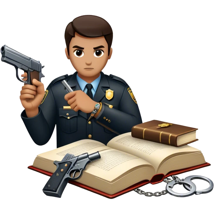 Icon for Action & Crime Reading: an open book with dramatic action scenes, surrounded by a gun, handcuffs, a badge, and a shadowy figure. The icon should evoke suspense, danger, and intrigue of crime and action stories. Transparent background. emoji