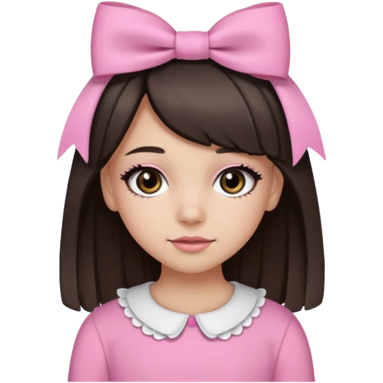 a 13 year old girl with black and brown hair with blond highlights. pink bows and pink outfit with long eyelashes and black eyes emoji