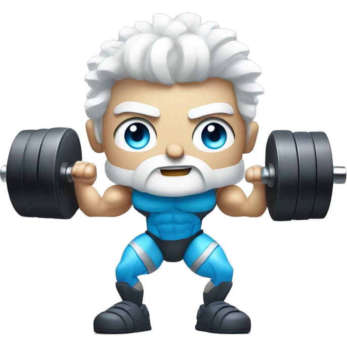 Athletic bionic robot man with amazing hair white hair and beard and blue human eyes flexing muscly arms and lifting weights   emoji