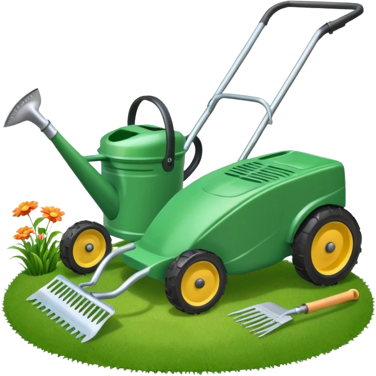 Lawn mower, rake, and watering can grouped together with a few grass clippings emoji