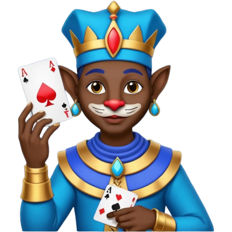 crazy colorful egyptian anubi jolly joker from poker, medieval, vintage, court jester, mac os icon, blue color, holds a single poker card on the right paw emoji