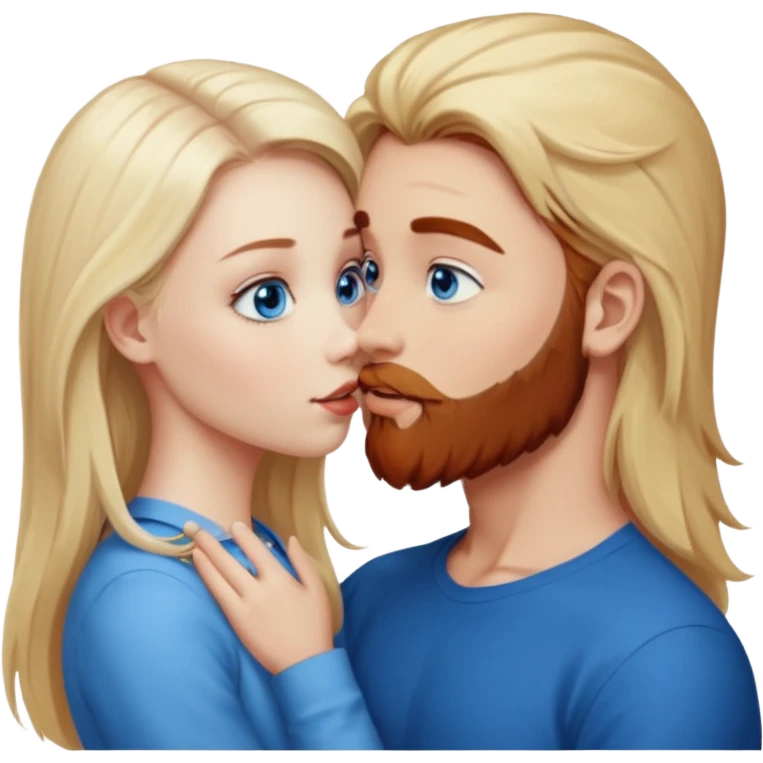 Long-pale-blonde hair, beautiful girl with blue eyes facing, kissing reddish-brown hair-beard boy blue eyed white guy emoji