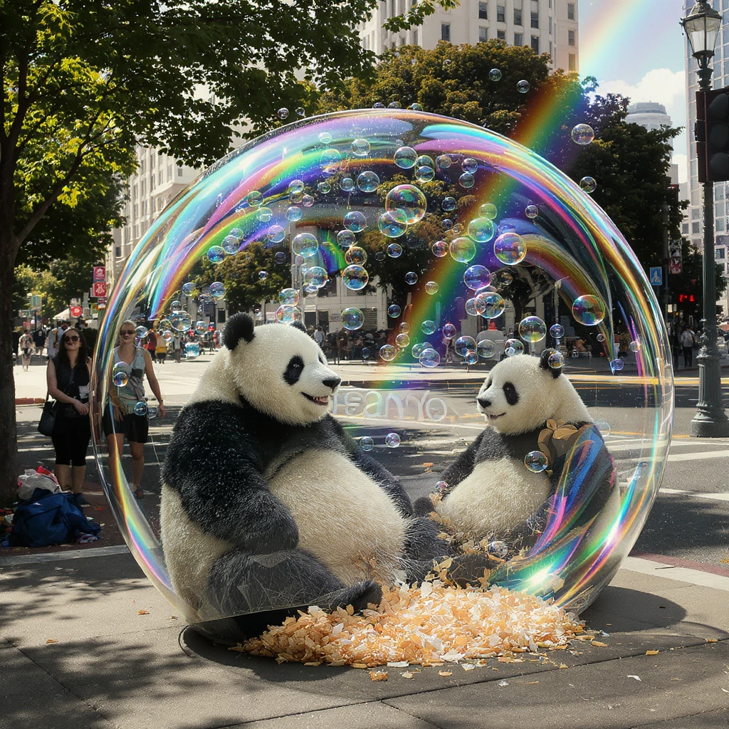 Cinematic still pandas bears sitting inside bubbles flying around San Francisco downtown, sunny summer day, happy vibe, colorfull surround, rainbow emoji