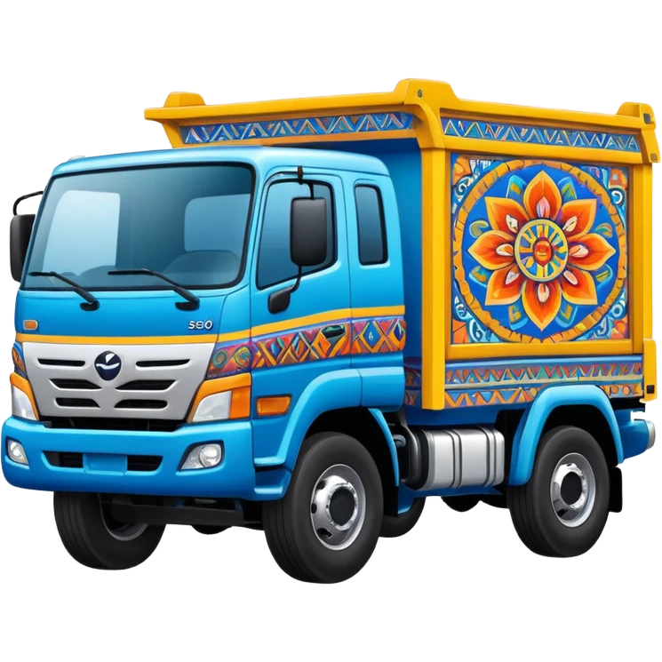 Emoji style illustration of a Hino 500 truck, colorful Peruvian decorative truck art, bright blue body, Andean patterns and vibrant painted details, bold outlines, flat vector style, clean shading, sticker design, centered, white or transparent background, high detail, cartoon style emoji