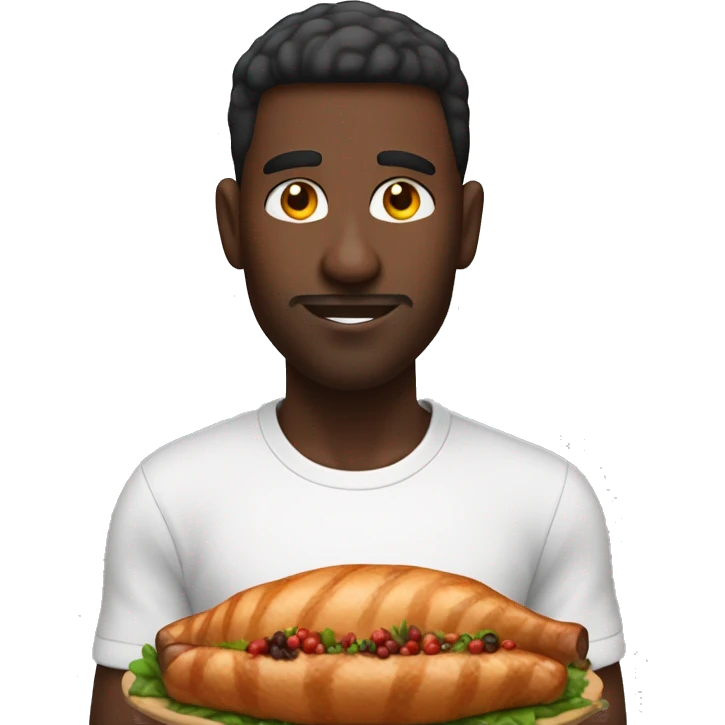 Black male with a taper fade warning a white shirt and red sweatpants eating thanksgiving food  emoji