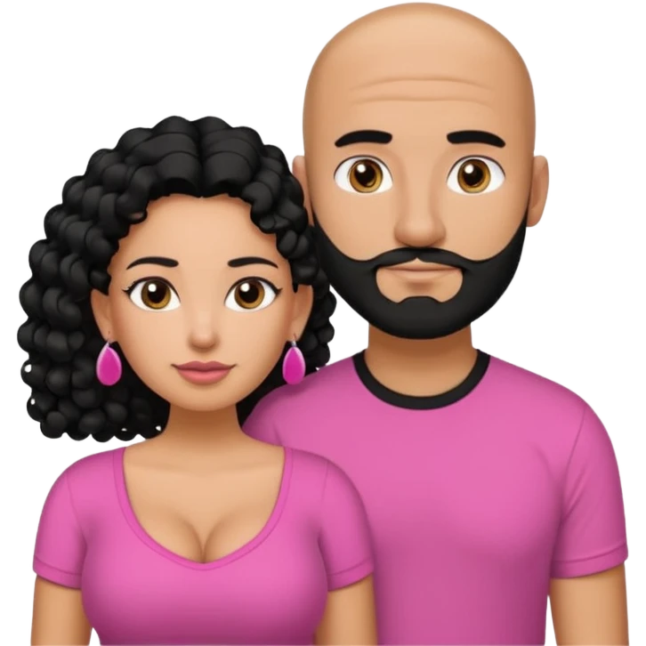 A picture if a couple. the man is a Mexican man with tanned skin, black hair, a bald hair cut, short boxed beard, and wearing a black shirt. the woman is mixed with black and white, with curly long hair, stud earrings,  wearing a pink shirt and with big boobs emoji