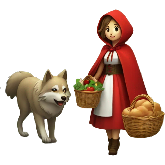 A Little Red Riding Hood with a wolf and a basket with buns going throught the forest emoji