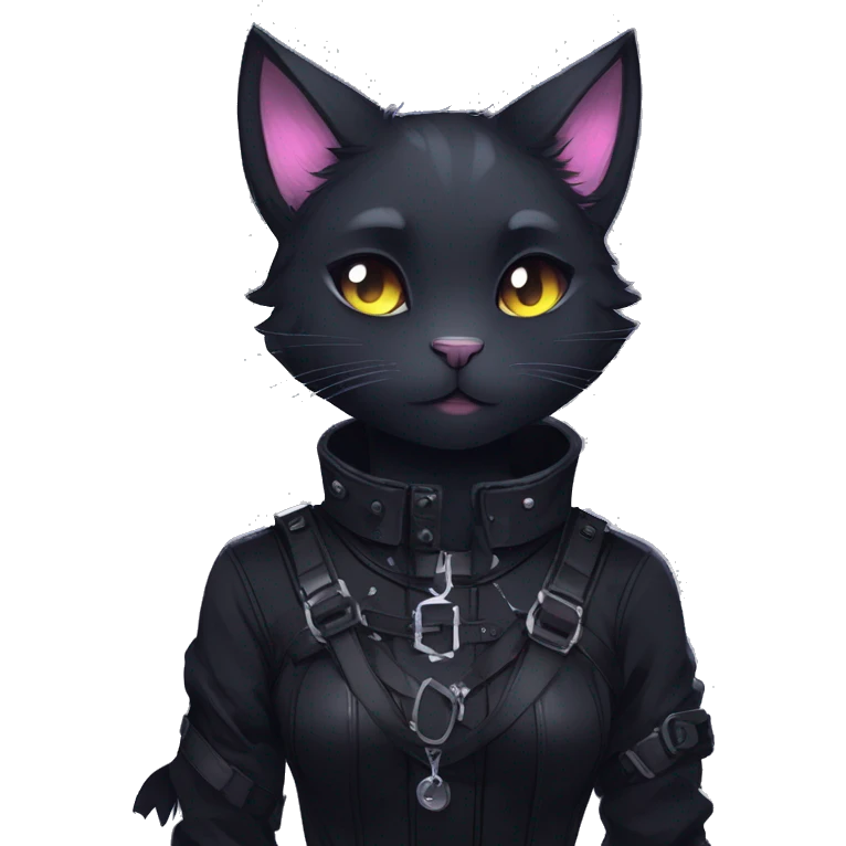 Gorgeous furry gothic dark techwear anime style anthro black cat furry sona with blushing face aesthetic and pretty edgy black with collar and harness trending style emoji