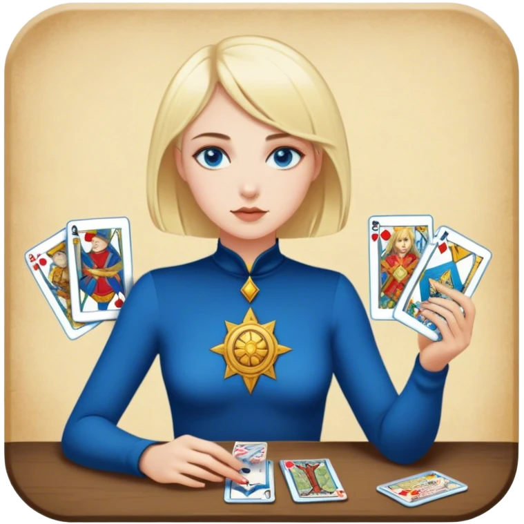 A blonde girl with blue eyes and short hair is playing tarot cards emoji